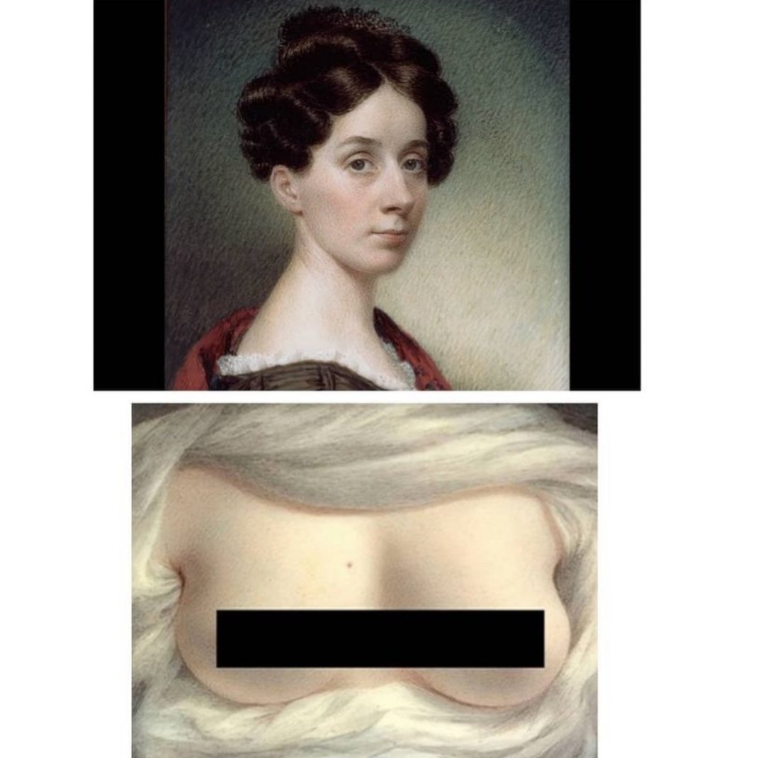 RelatocuriosoK's tweet photo. En 1828, una artista estadounidense llamada Sarah Goodridge pintó un retrato de sus propios senos y se lo envió al abogado y político Daniel Webster, que acababa de enviudar. Se considera uno de los primeros casos de alguien que envía desnudos.

El retrato estaba en formato miniatura y dentro de un estuche de cuero cerrado con dos broches, lo que sugiere que era solo para sus ojos. Medía solo 2.6 por 3.1 pulgadas (6.7 por 8 centímetros). Goodridge tenía 40 años cuando completó la acuarela sobre marfil.

Webster terminó visitando Goodridge varias veces en Boston para pagar más pinturas. Al final, Webster se casó con Caroline LeRoy, la hija de un rico hombre de negocios que dirigía una gran empresa comercial y también fue el primer cónsul holandés en los Estados Unidos. A pesar de su nuevo matrimonio, hay registros de que Goodridge visitó Webster al menos dos veces en Washington D.C.

Goodridge nunca se casó. Cuando Webster murió, la pintura fue descubierta junto con sus otras pertenencias personales. Finalmente fue subastado por $ 15,000.