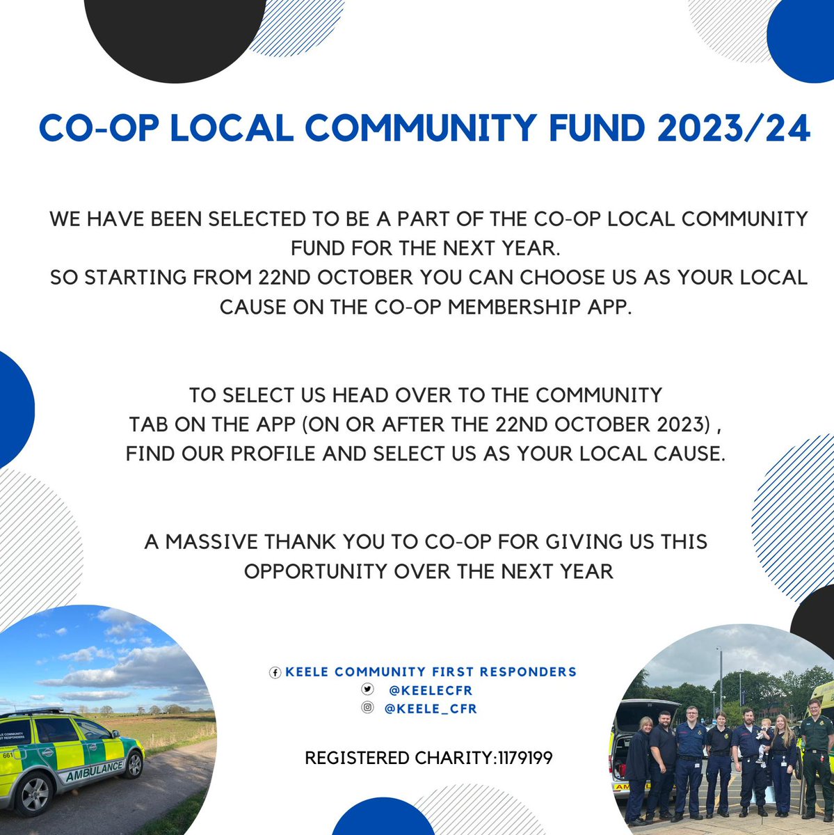 From 22nd October, you can choose to support Keele CFR as your local cause on the <a href="/coopuk/">Co-op</a> app!

This is a great way to support us while doing your shopping.