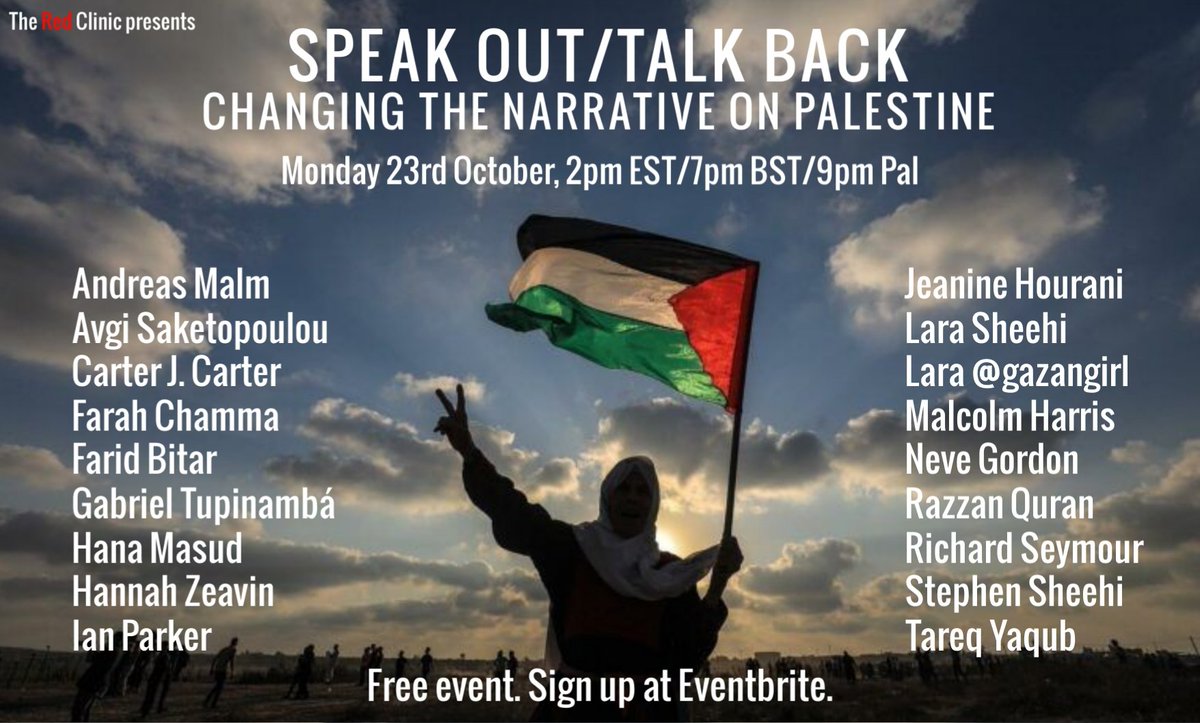 Join us this coming Monday as we bring together a diverse range of voices to talk back to power in solidarity with Palestine.

eventbrite.com/e/palestine-so…

<a href="/Avgolis/">Ψ 📚😈🏍 🇨🇾 🇬🇷</a> <a href="/leninology/">Richard Seymour</a> <a href="/BigMeanInternet/">Malcolm Harris</a> <a href="/HZeavin/">Hannah Zeavin</a> <a href="/gtupinamba/">Gabriel Tupinambá</a>
