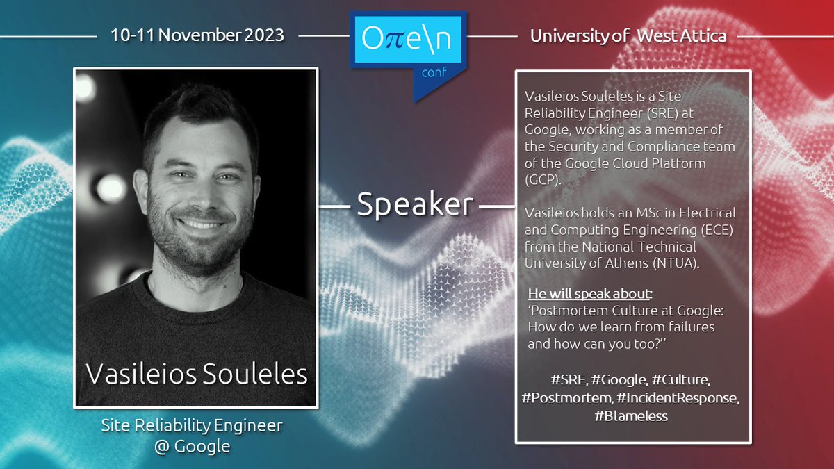 Our featured speaker today is #VaseileiosSouleles, #SRE at <a href="/Google/">Google</a>. 

In #open_conf 2023 he will share learnings and insights based on his experience with #PostMortem culture at #Google.

Find out more and grab your tickets at open-conf.gr