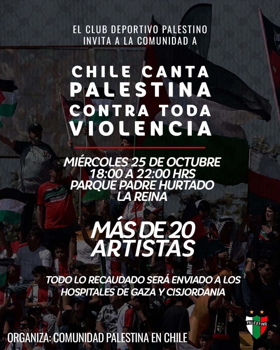 Gaza está bajo bombardeos hace dos semanas y su población vive una crisis humanitaria. Queremos invitarte a solidarizar con #TodoUnPueblo en un evento cultural para pedir el alto al fuego y la entrada de ayuda humanitaria 🇵🇸

👉🏻 LineUp &amp; Tickets: ticketplus.cl/events/chile-c…