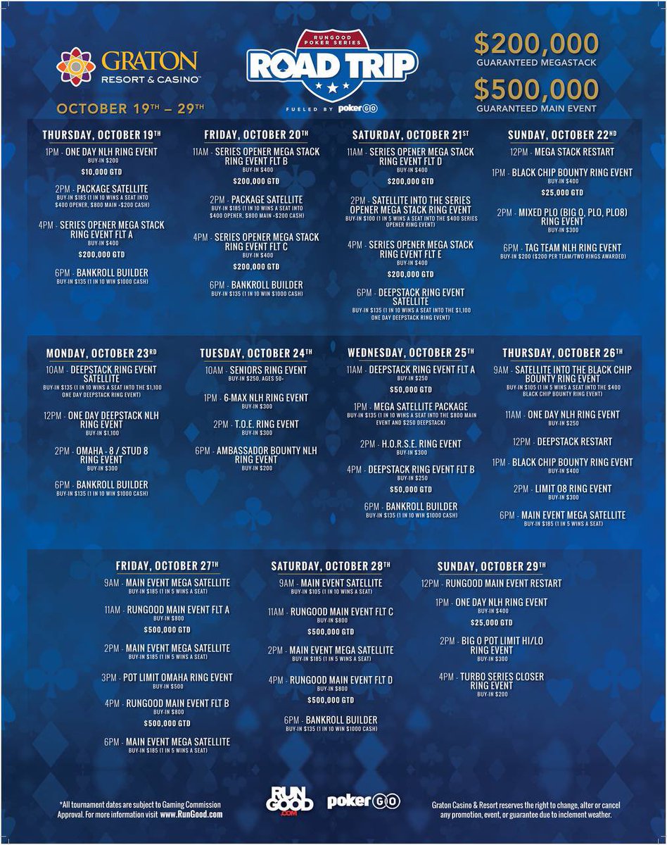 tkarn421's tweet image. Schedule bump for those coming out to @playgraton on the West Coast! Lots of events including a strong MIXED GAMES menu. 

Don’t forget, win a ring and win eligiblity for the Dream Seat Invitational where @PokerGO is adding a seat to first for the PGT Championship $1,000,000 Free…