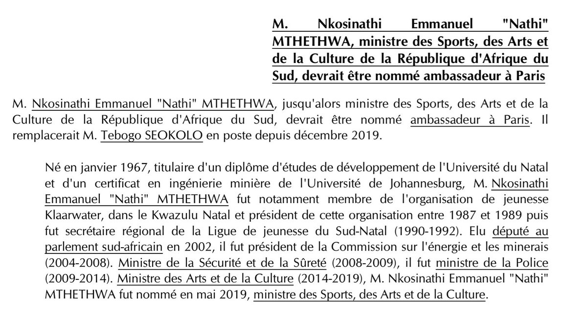 #ENGvRSA juste pour rigoler : cette semaine le gouvernement 🇿🇦 a nommé un nouvel ambassadeur en France. Il s’agit du ministre des sports… #NoComment #ToujoursPasRemis #InjusticePourUnReve 😭😭