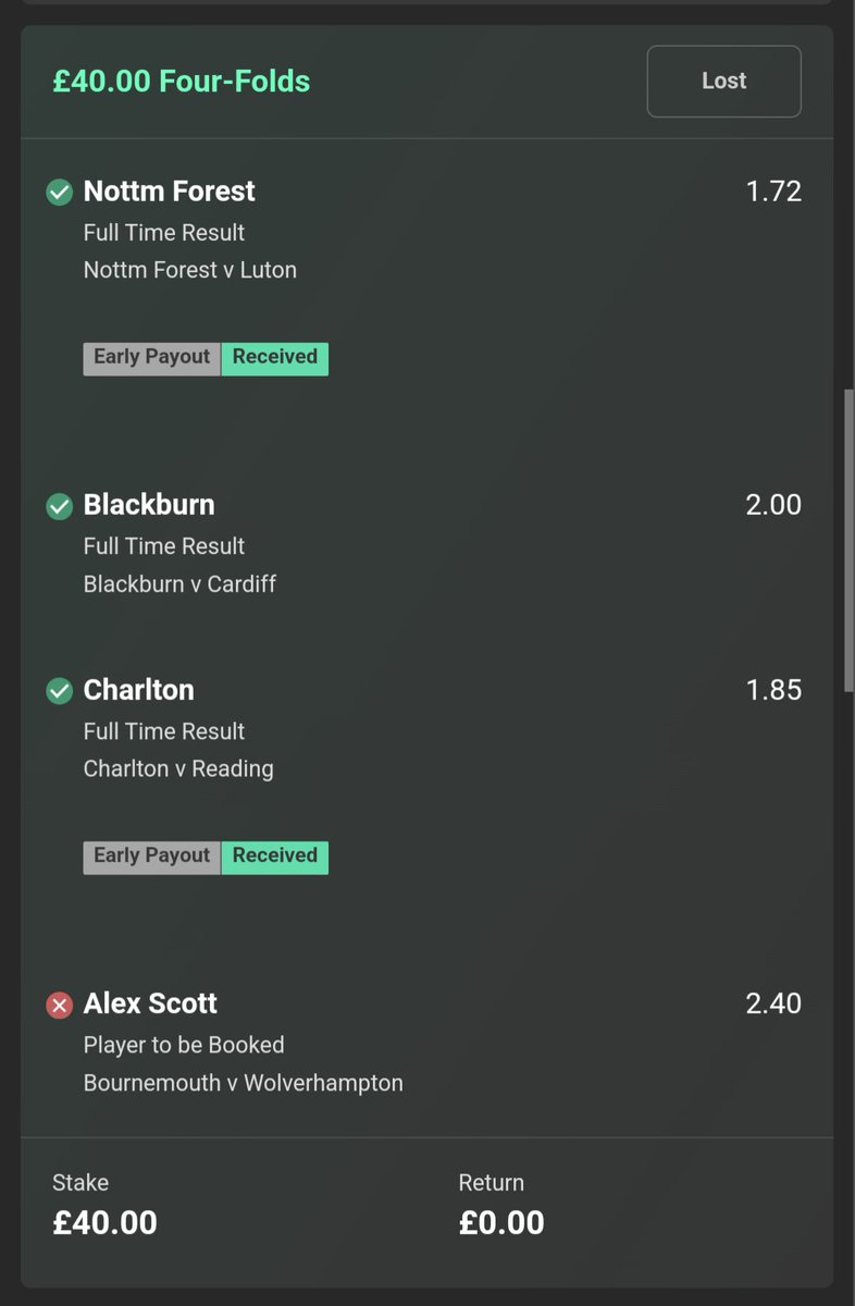 alexstokesy's tweet photo. @bet365 any idea why this is showing as a loss when all sources are showing Alex Scott was carded? https://t.co/p5X17zzLBU