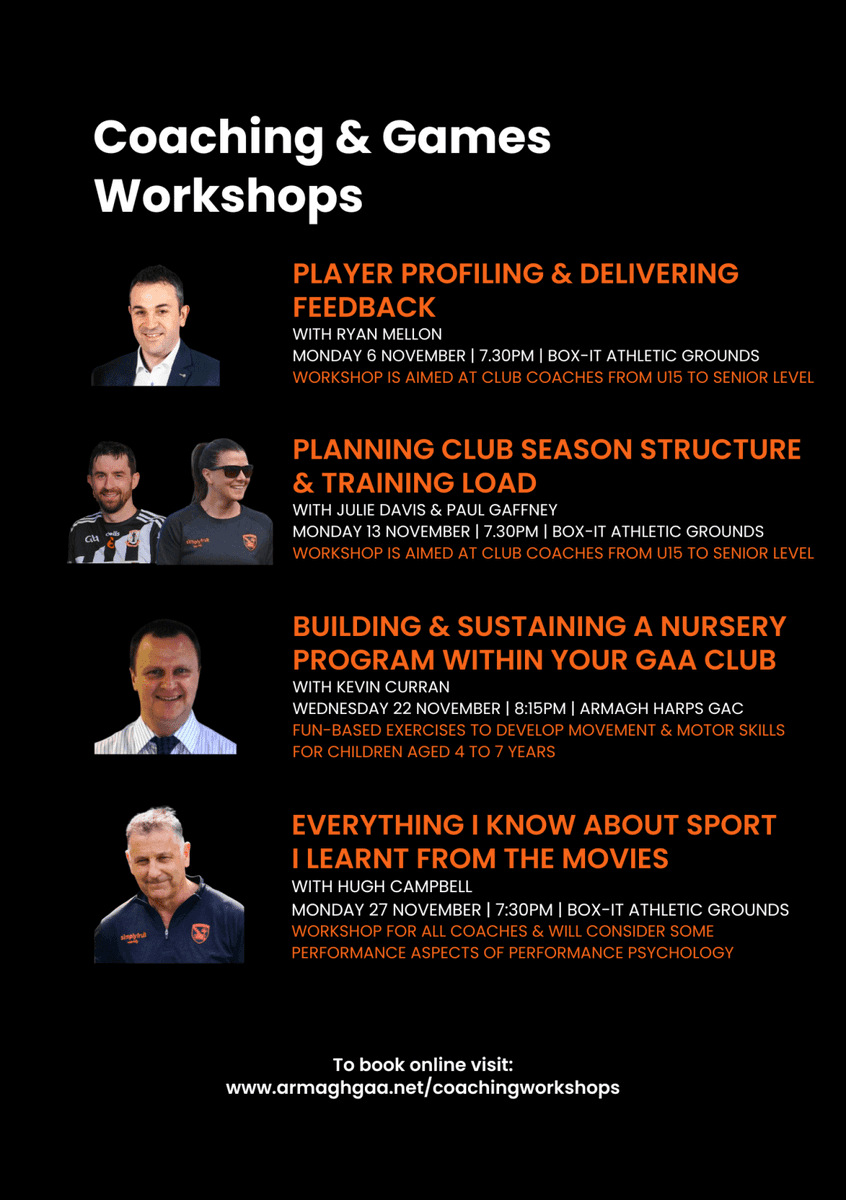 Some excellent workshops coming up in the month of November with @Armagh_GAA, huge opportunity for coaches to upskill in the off season.