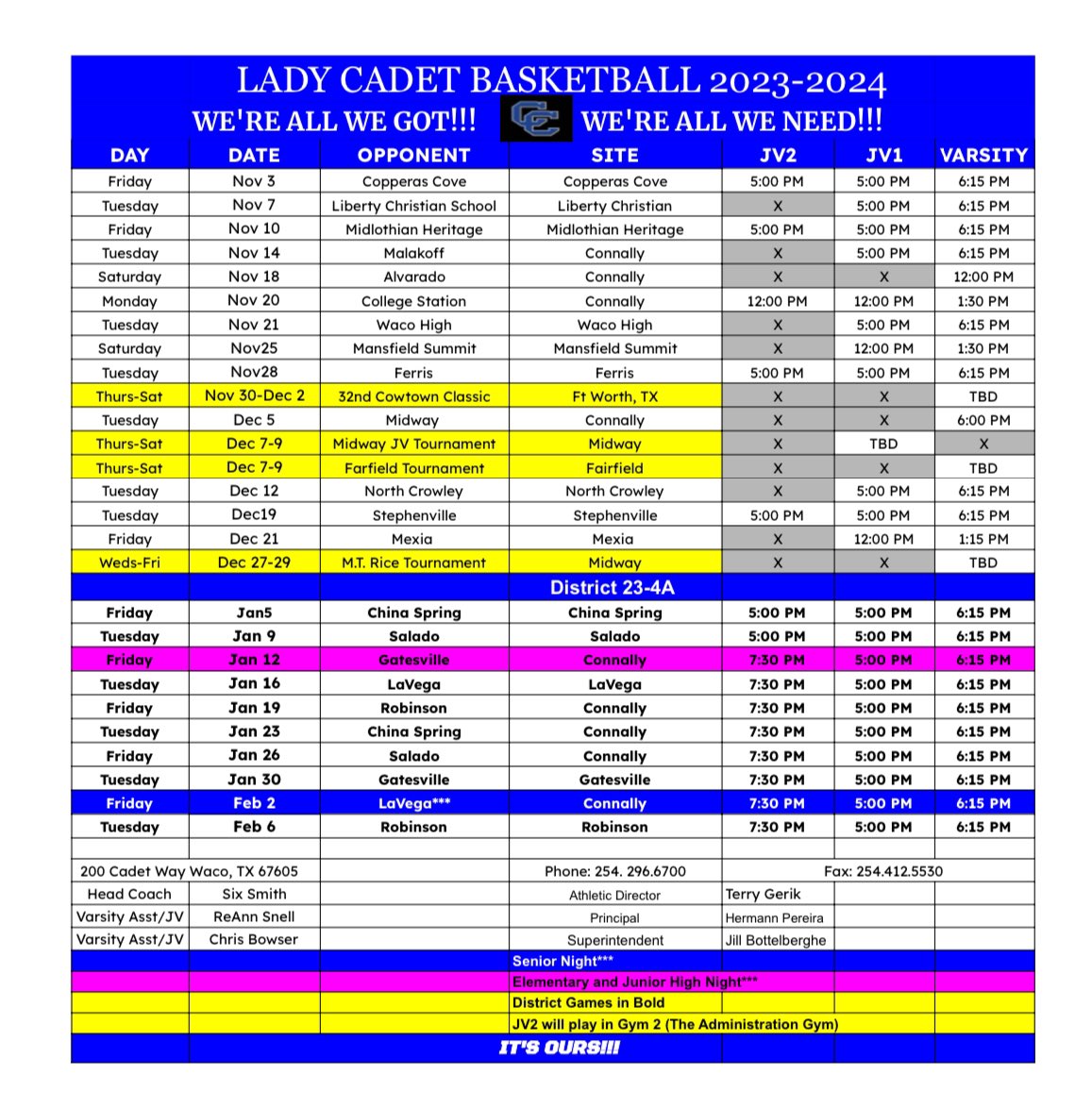 Waco Connally Girls Basketball🏀 (@ladycadet_hoops) on Twitter photo 23-24 schedule🏀💙 #Family #WeAllWeGot #WeAllWeNeed #NoCeilings
<a href="/getsixsmith/">Six Smith</a> <a href="/reeeeeupppppp/">Coach Snell 2.0</a> <a href="/ChrisBowser72/">Chris Bowser</a> <a href="/CCadetAthletics/">Connally Athletics</a> <a href="/ConnallyISD/">Connally ISD</a> <a href="/connally_hs/">Connally High School</a> <a href="/TXHSGBB/">#TXHSGBB—TXHSGBB.com</a> <a href="/Tabchoops/">𝙏𝘼𝘽𝘾🏀📋</a> <a href="/WacoTribSports/">WacoTrib Sports Dept</a> 23-24 schedule🏀💙 #Family #WeAllWeGot #WeAllWeNeed #NoCeilings
<a href="/getsixsmith/">Six Smith</a> <a href="/reeeeeupppppp/">Coach Snell 2.0</a> <a href="/ChrisBowser72/">Chris Bowser</a> <a href="/CCadetAthletics/">Connally Athletics</a> <a href="/ConnallyISD/">Connally ISD</a> <a href="/connally_hs/">Connally High School</a> <a href="/TXHSGBB/">#TXHSGBB—TXHSGBB.com</a> <a href="/Tabchoops/">𝙏𝘼𝘽𝘾🏀📋</a> <a href="/WacoTribSports/">WacoTrib Sports Dept</a>