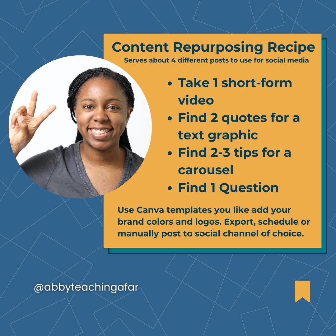 AbbyTeachAfar's tweet image. We miss out on being more consistent on social media because we only create content in one format. 

Use this quick recipe with the amazing @canva program to make awesome text content that you can post on social media.

#contentrecipe #contentformula #contentrepurposingtips