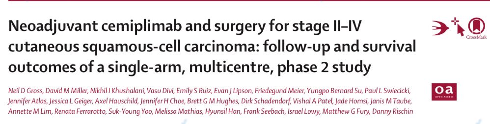 Here it is!  🗞️ Presented today @myESMO #ESMO2023 and published concurrently in @TheLancetOncol Favorable survival with #neoadjuvant #immunotherapy in resectable #squamous #skin #cancer #cSCC @SquamousCscc #hncsm @AHNSinfo @Regeneron @MDAndersonNews