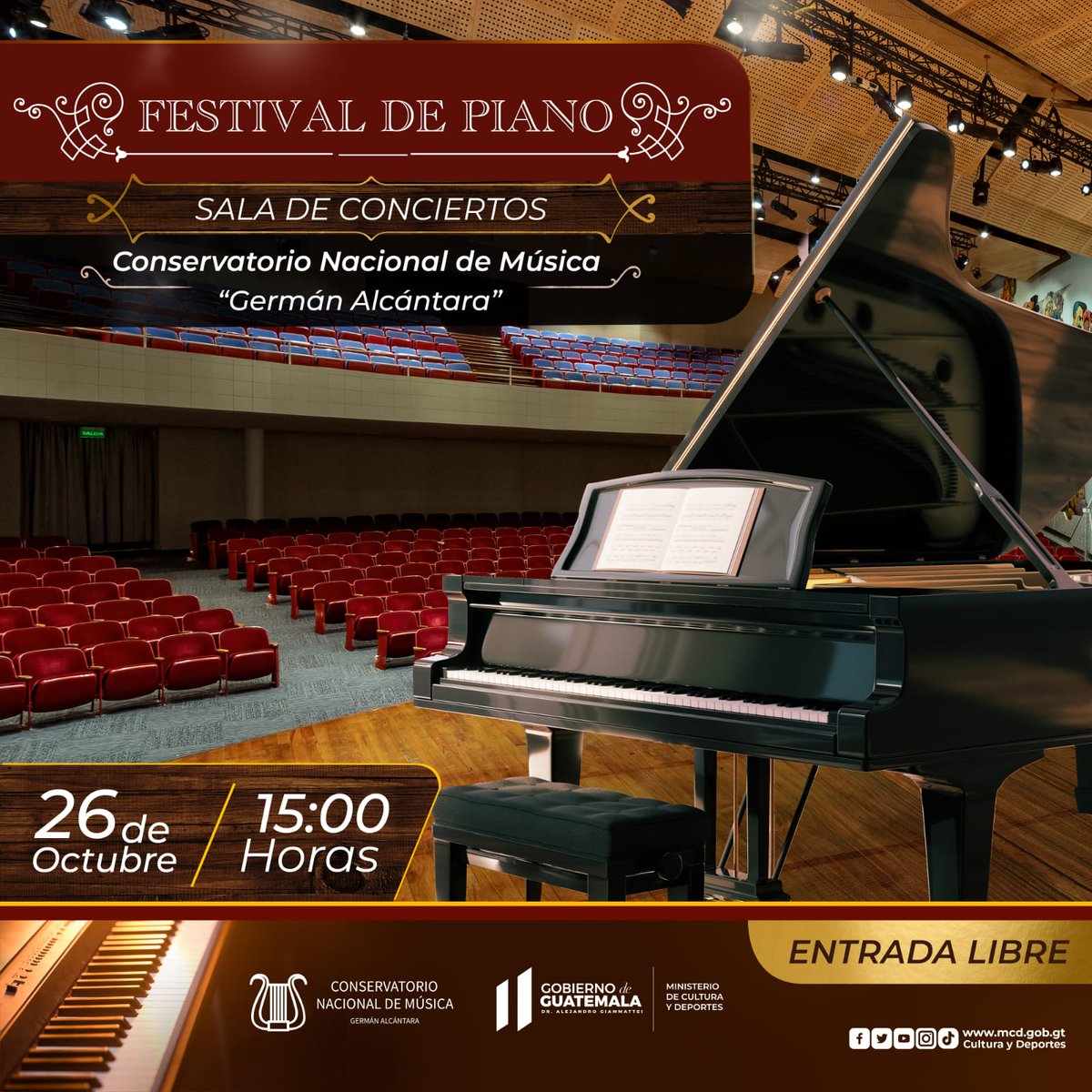 McdGuate's tweet photo. ¡No te lo puedes perder! Ven y disfruta del Festival de Piano este 26 de octubre en la Sala de Conciertos del Conservatorio Nacional de Música "Germán Alcántara". Entrada gratis
#3milAñosRiquezaCulturalGT #CulturaMotorDesarrolloGT #CulturaGUATE #FormarteGT https://t.co/wXQjOqcWbe