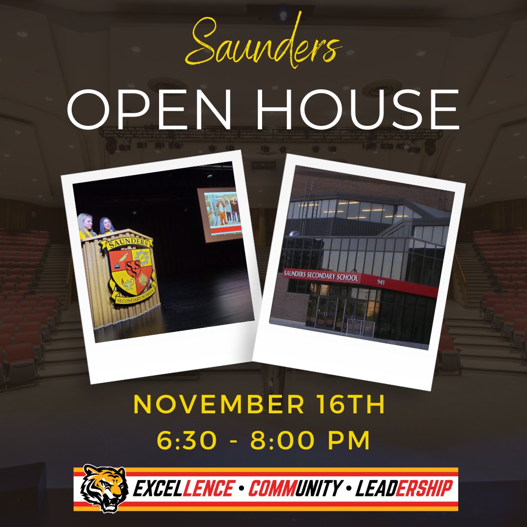 Saunders is having their Open House early this year due to Shrek, concerts, and many more amazing events at the school. All Future Sabre families are welcome. #excellencecommunityleadership #nextlevelopportunities <a href="/SaundersOne/">Saunders Secondary</a> <a href="/TVDSB/">Thames Valley DSB</a>