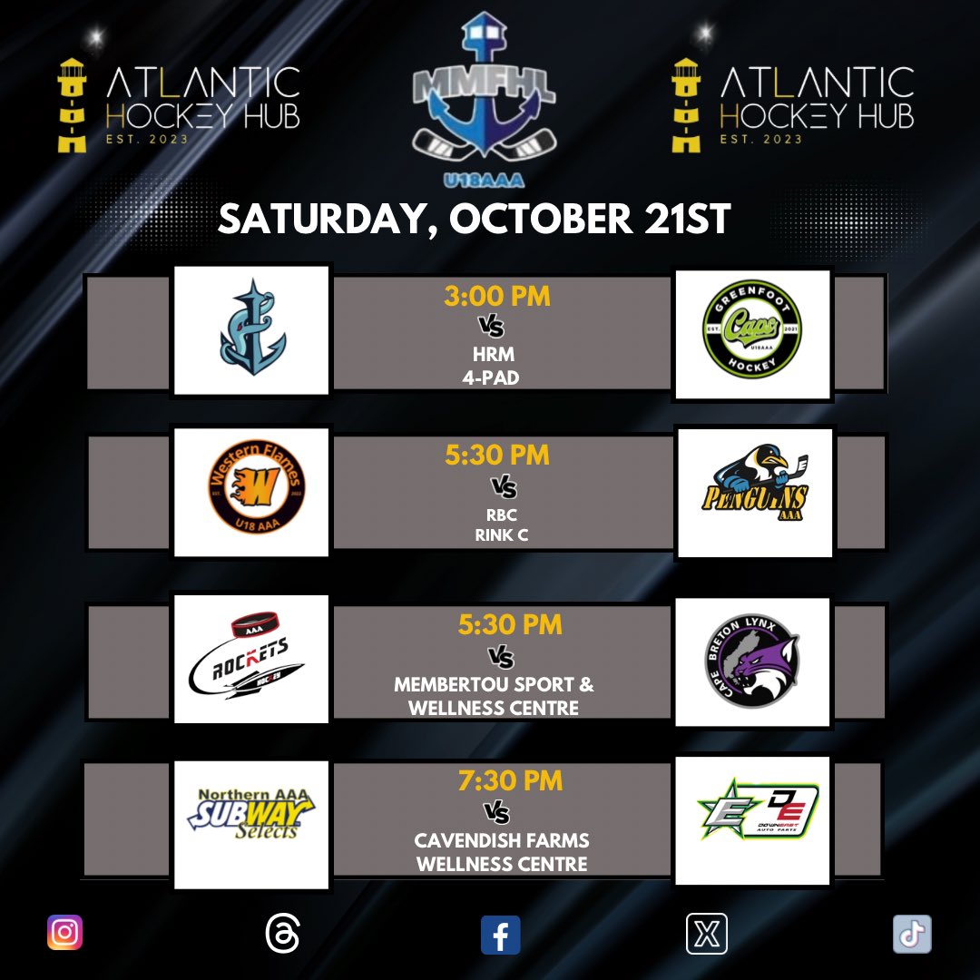 #MMFHL Saturday Schedule:

3:00 pm - Fundy Kraken vs Greenfoot Capitals 

5:30 pm - Western Flames vs ACTION Benefits Penguins

5:30 pm - Edza East Moncton Subaru Rockets vs Cape Breton Lynx

7:30 pm - Northern Subway Selects vs Down East Auto Parts Stars 

#AtlanticHockeyHub