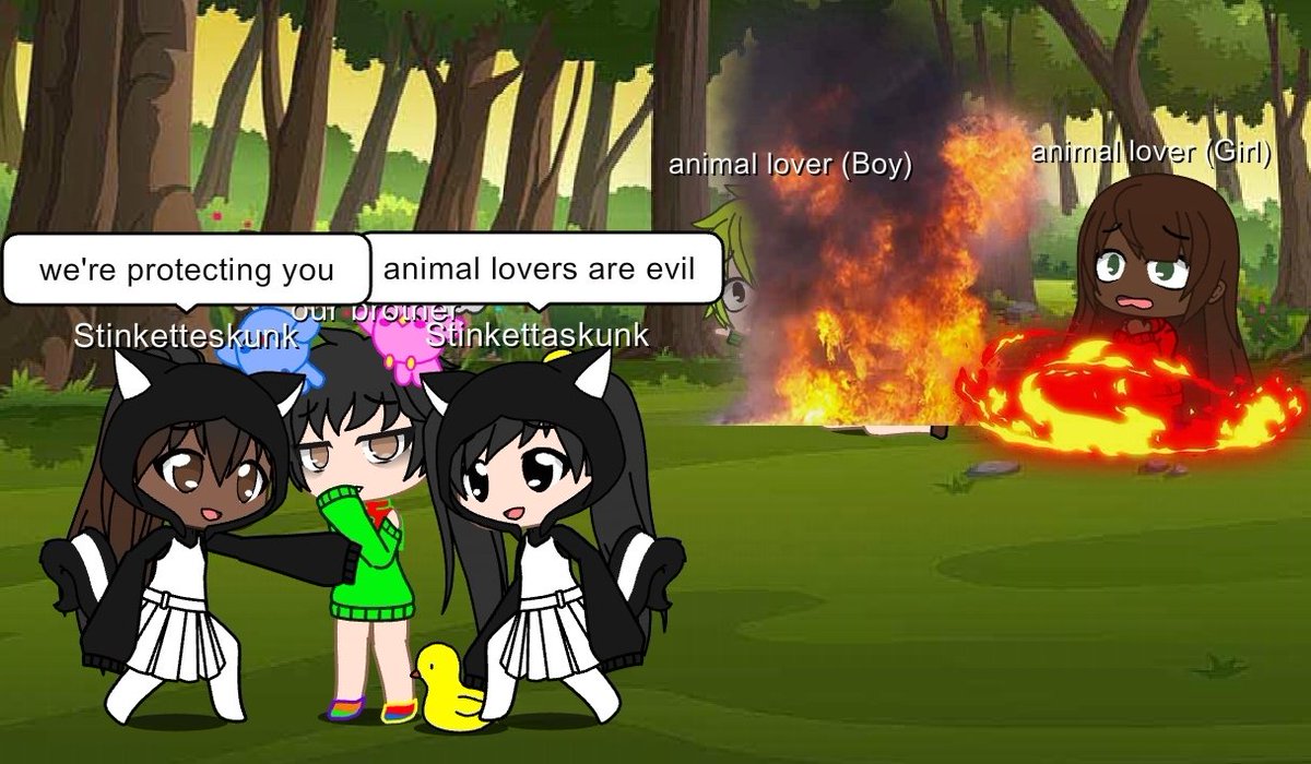 stinketteskunk's tweet photo. Me and my sister (@stinkettaskunk) see our brother (@demondoesstuff) getting harmed by two animal lovers, so we burned the animal lovers to protect our brother https://t.co/9kiw0SB3XD