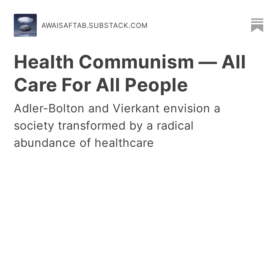 Part 1 of my discussion of Beatrice Adler-Bolton (@realLandsEnd ) and Artie Vierkant’s (@avierkant ) fabulous book “Health Communism: A Surplus Manifesto” cc: @DrRJChapman @HSpandler @viscidula awaisaftab.substack.com/p/health-commu…