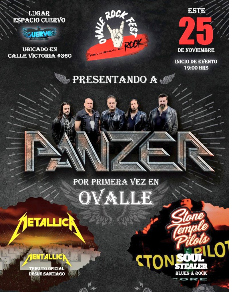 Les informo que la producción de Ovalle Rock Fest ha cambiado la fecha del evento del 11 de Noviembre, para apoyar la importante causa de la <a href="/Teleton/">Teletón Chile</a>!!!♥️🇨🇱

Cómo Panzer Chile nos sumamos a este apoyo y CONFIRMAMOS para el 25 de NOVIEMBRE nuestro show en  OVALLE. 🔥🔥