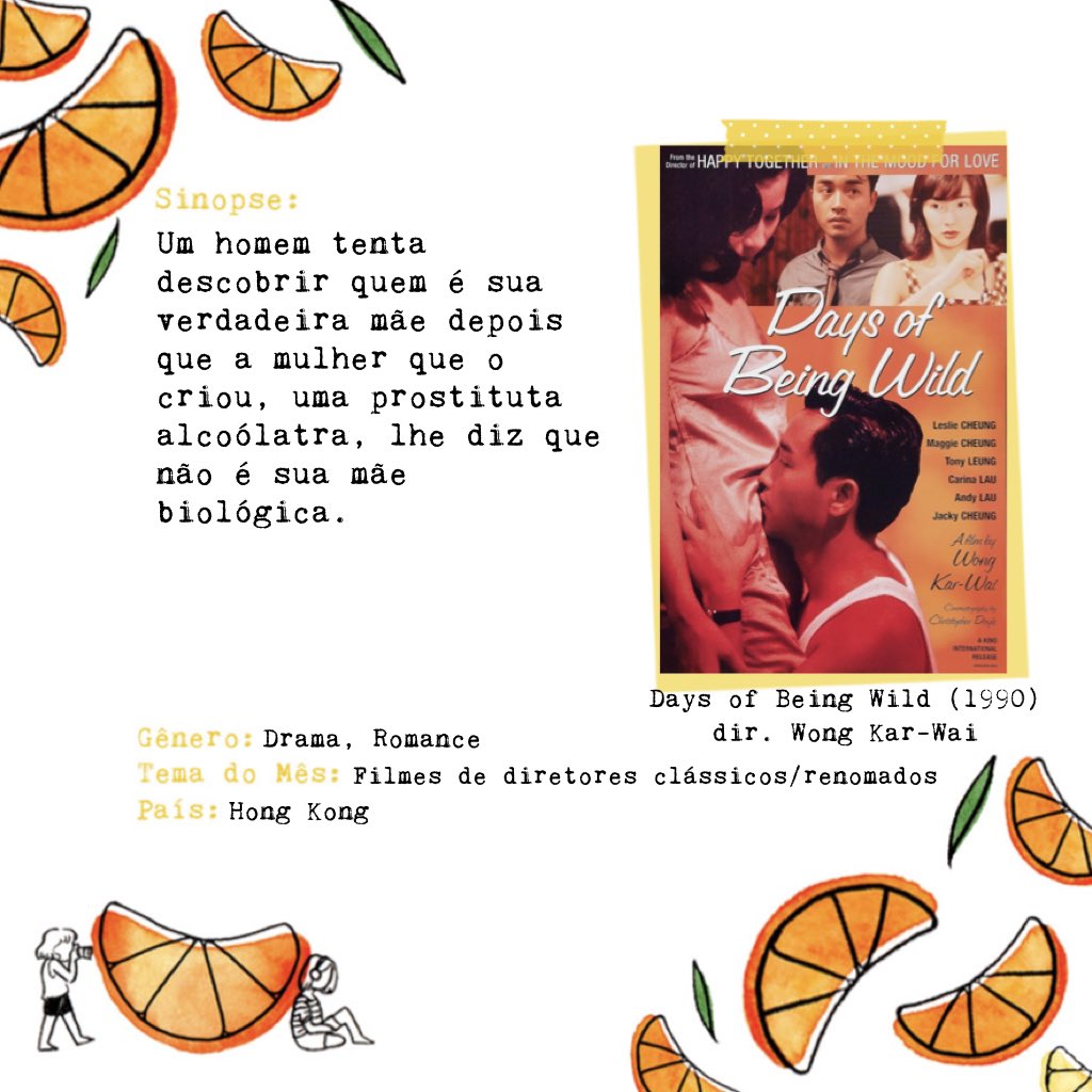 saramchingu's tweet photo. 📽️ SESSÃO ABERTA, DOMINGO 22/10 - 18:30🍊
TEMA: Diretores Renomados/Clássico 

Days of Being Wild, 1990 - Wong Kar-Wai 🇹🇼 

[Caso você assista ao filme e queira comentar também, você pode usar as hashtags e/ou marcar nosso perfil] #SessaoTangerina #DaysOfBeingWild https://t.co/obe5zCGpFJ