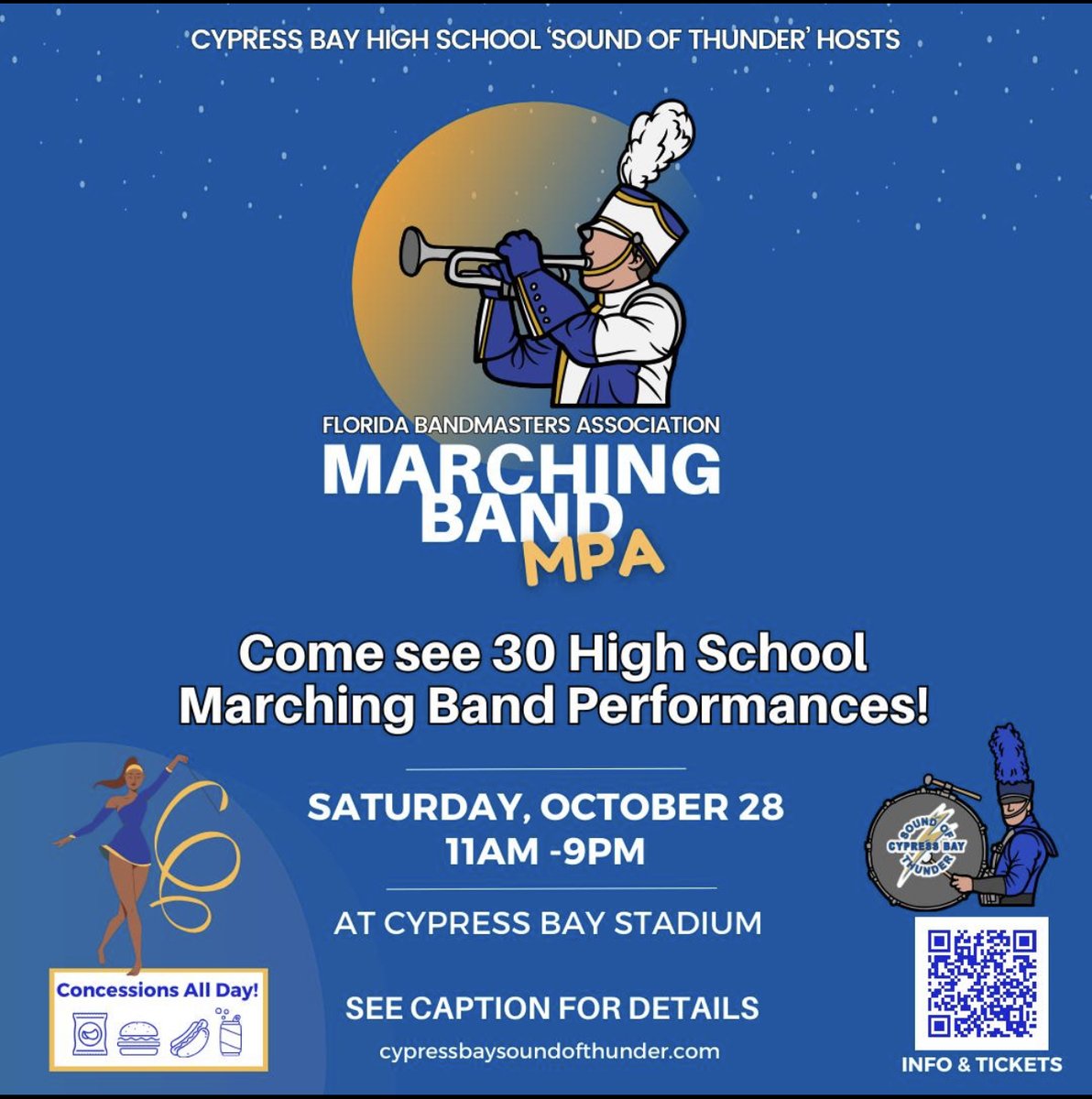 We are one week away from the Marching Band MPA! Join the Cypress Bay Sound of Thunder as we host more than two dozen marching bands for this incredible event.

Performance times and other details here: cypressbaysoundofthunder.com/marching-mpa/