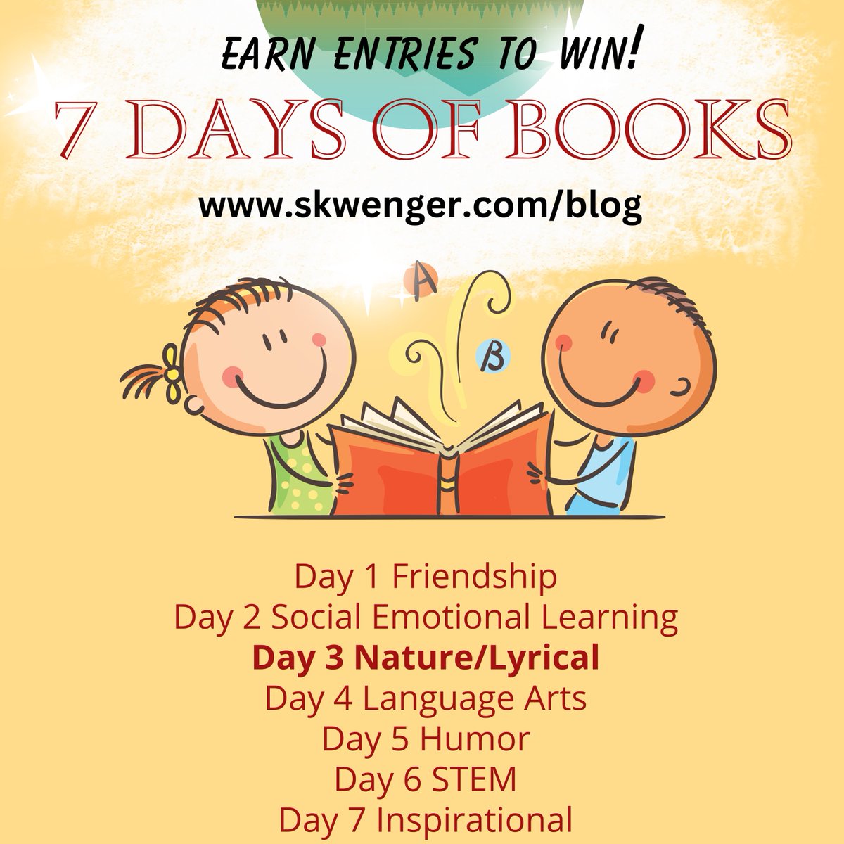 For Day 3 of #7DaysOfBooks, check out the lyrical picture books related to nature at skwenger.com/blog
Grab chances to win 3 more awesome #Giveaways from #kidlit authors <a href="/KirstenWLarson/">Kirsten W. Larson --NOT ACTIVE HERE</a> @kateallenfox <a href="/Jill_SF/">Jilanne Hoffmann</a> 

#WritingCommunity 1 of 4 👇🏼
