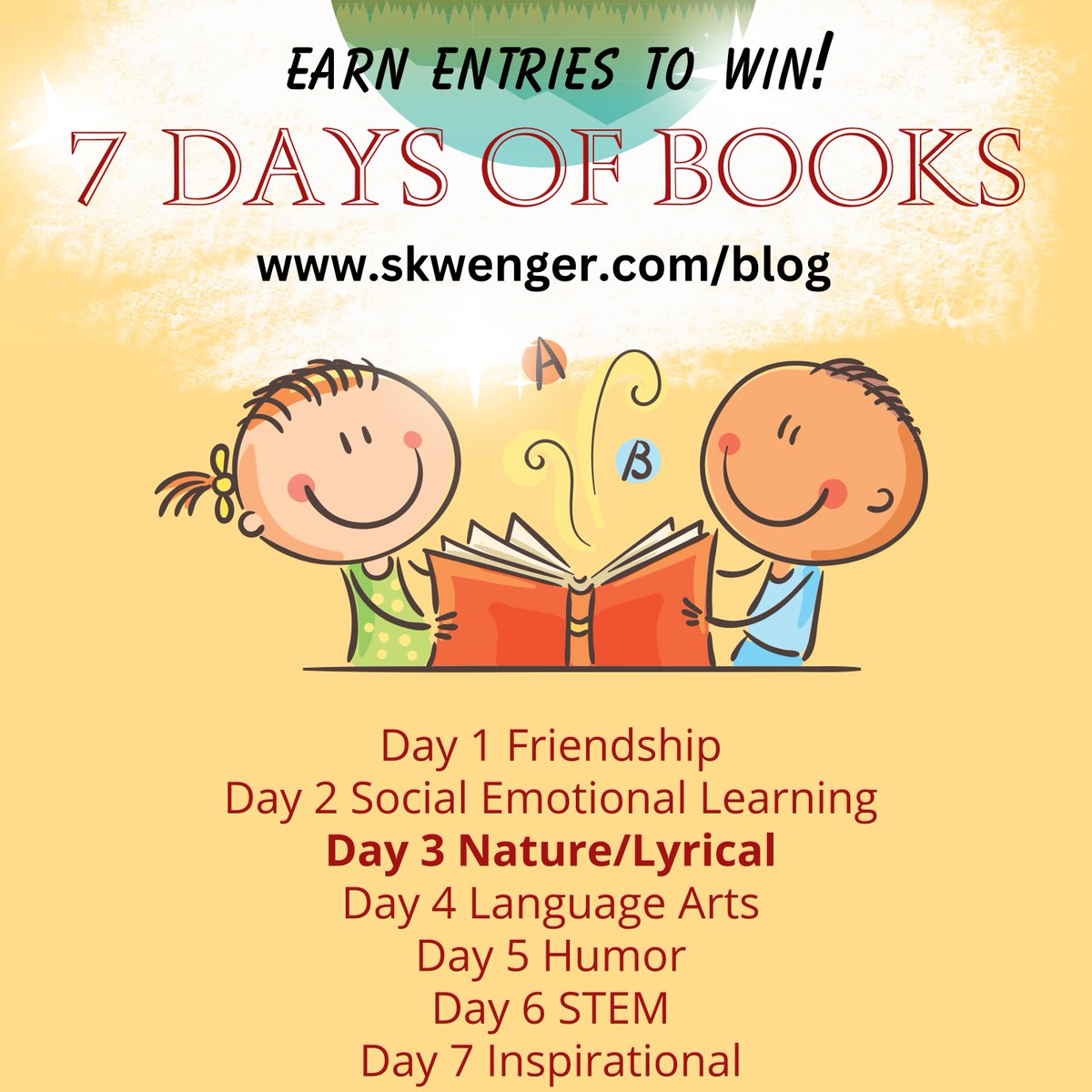 For Day 3 of #7DaysOfBooks, check out the lyrical picture books related to nature at skwenger.com/blog Grab chances to win 3 more awesome #Giveaways from #kidlit authors @KirstenWLarson @kateallenfox @Jill_SF #WritingCommunity 1 of 4 👇🏼