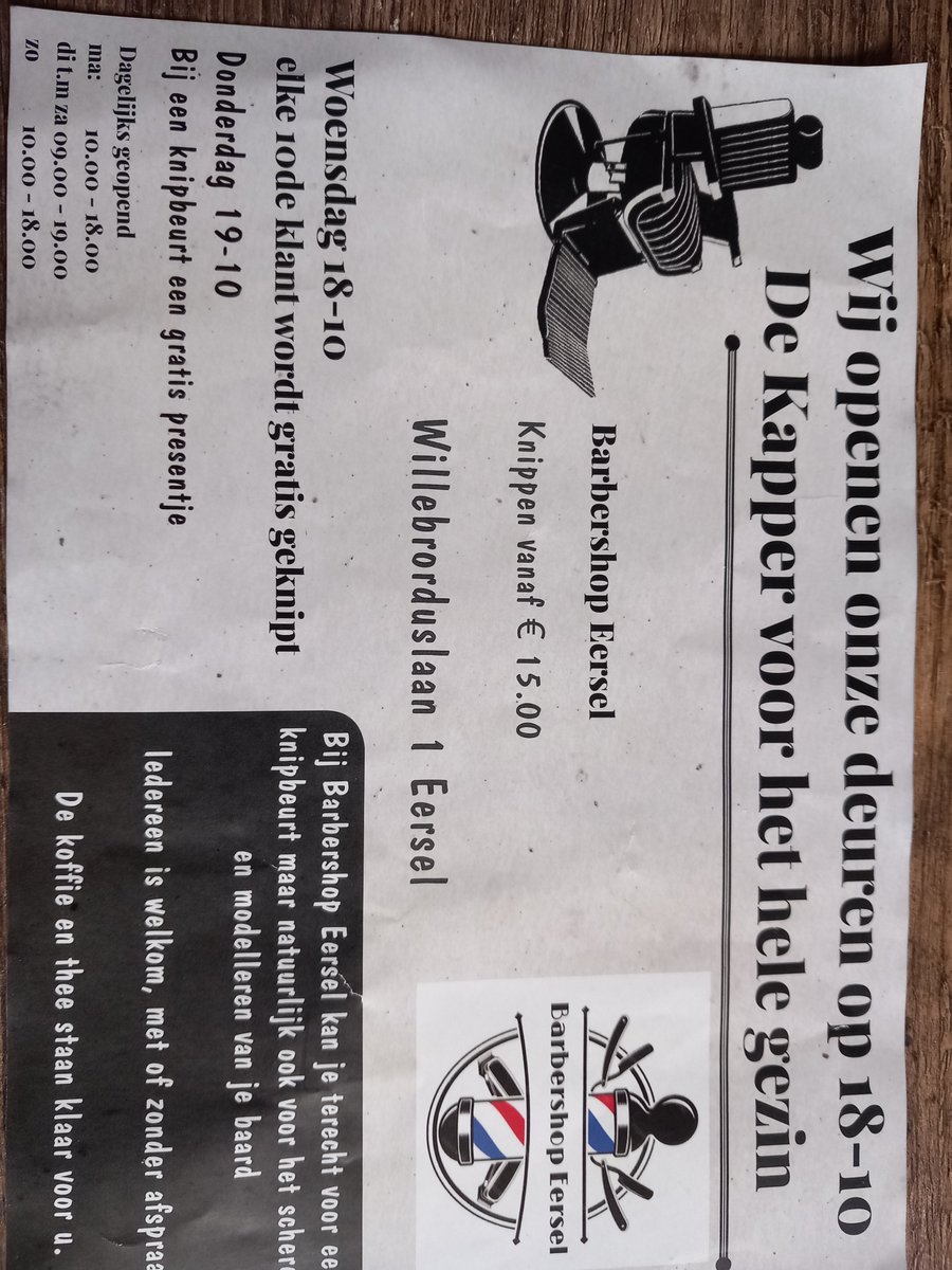 Barbershop Eersel is open.
7 dagen per week.
Knippen € 15.00