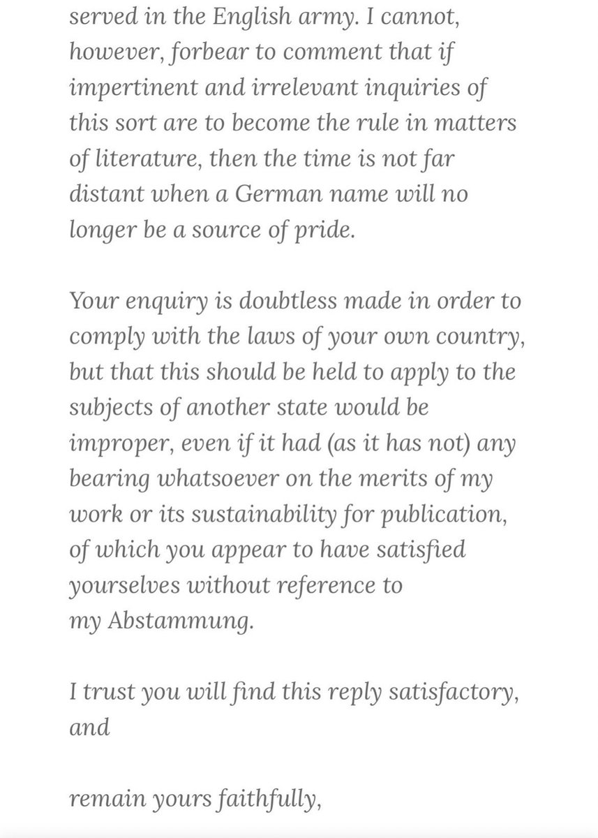 MiddleearthMixr's tweet photo. Gm boys,

If the quality of Tolkien is ever in question in your mind always remember this letter he wrote to the German publishing company asking him about his “aryaness” before circulating The Hobbit in Nazi Germany in 1938. 

He had every incentive to just be like “yeah bro I’m not Jewish please publish my book” and instead he responded with “You’re an embarrassment to my German name.”