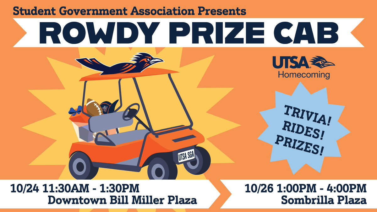 Homecoming 2023 starts today! 🎉

Join SGA on October 24 &amp; 26 for the opportunity to win UTSA/SGA prizes &amp; BestFest tickets that can be used for food, drinks and fun! Make sure to study up on your UTSA trivia; it will come in handy!

#utsa #utsahc23 #SGA #studentgovernment