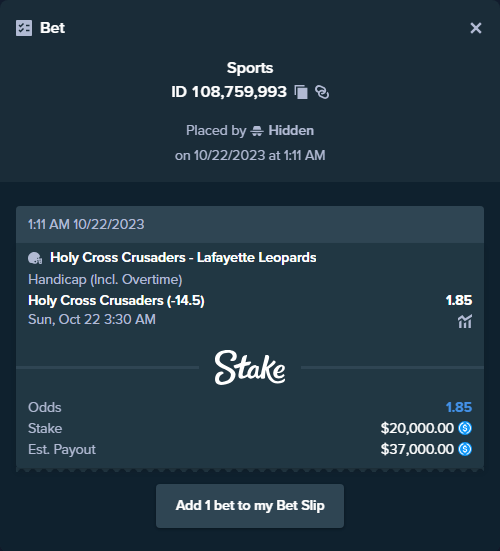stakehighroller's tweet photo. ALERT: New high roller bet posted!
A bet has been placed for $20,000.00 on Holy Cross Crusaders - Lafayette Leopards to win $37,000.00.
To view this bet or copy it https://t.co/rqEkothBWm https://t.co/Fpcr728CH6
