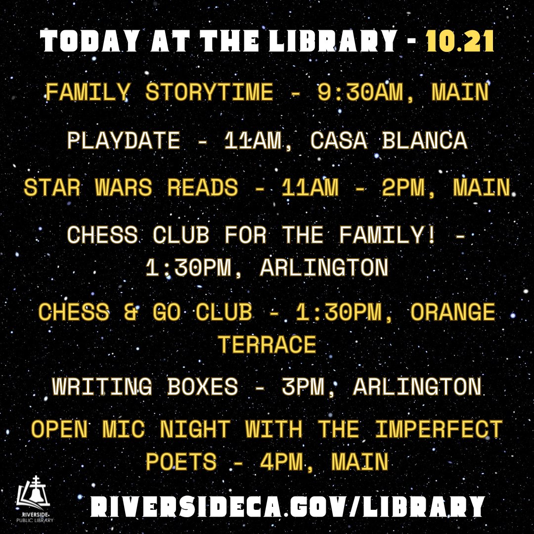 RivLibrary's tweet image. Join us for some out-of-this-world in-person events today 💫⭐📚!
#RivLibrary #RiversidePublicLibrary