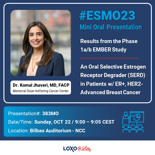 #ESMO23 - Dr. <a href="/jhaveri_komal/">Komal Jhaveri</a> presents results from the phase 1a/b EMBER study, investigating an oral #SERD with or without everolimus or alpelisib, in ER+, HER2- advanced #breastcancer.

See the presentation details here: e.lilly/46MGrRq

#bcsm #CancerResearch