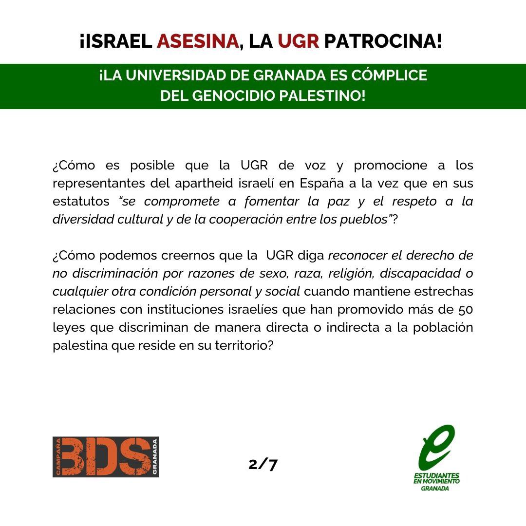 EeMGranada's tweet photo. Desde Estudiantes en Movimiento en Granada, impulsamos esta campaña junto con @BDSGranada para denunciar la responsabilidad de la Universidad de Granada en el genocidio del pueblo palestino. https://t.co/KwPjOeHkZu
