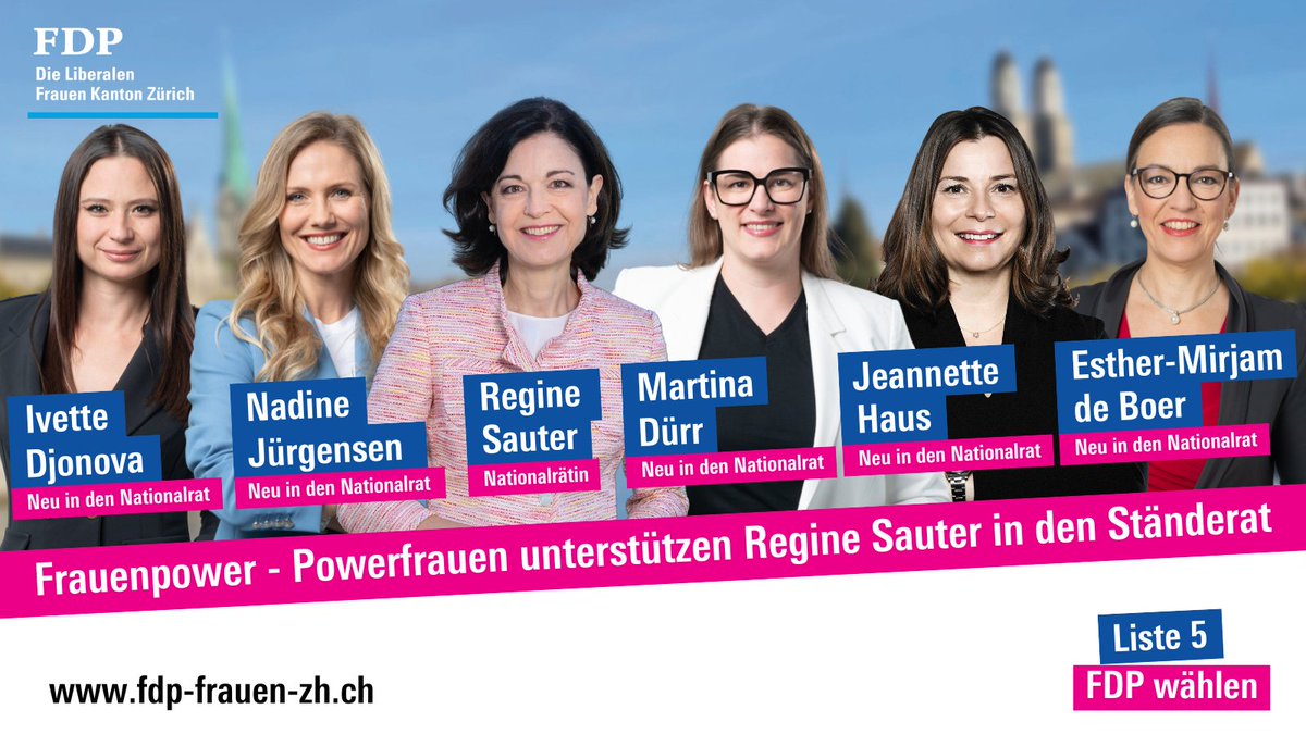 Schon gewählt? Diese fähigen FDP Frauen aus dem Kanton Zürich stellen sich am 22.10.23 für den Nationalrat zur Wahl und freuen sich, 2x auf der Liste zu stehen. Und: <a href="/regine_sauter/">Regine Sauter</a> in den Ständerat!

So geht bürgerlicher Frauenpower! ♀️💪

#WahlCH23 #FDP2023 #TeamFDP #fdp #fdpzh