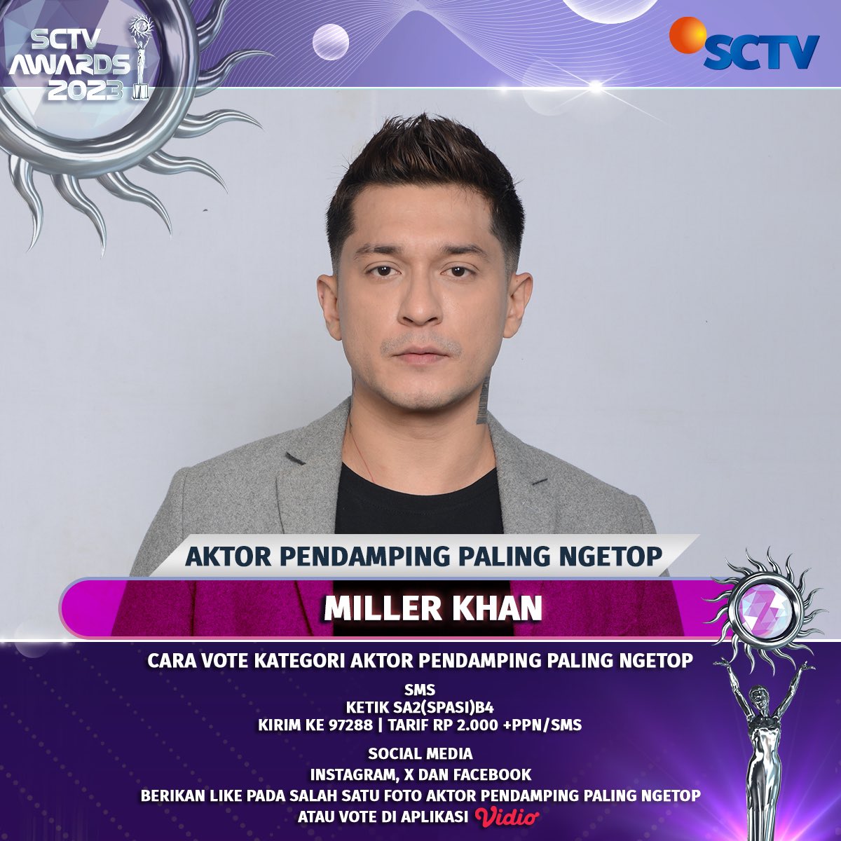 Yuk, dukung Miller Khan untuk membawa pulang piala "Aktor Pendamping Paling Ngetop" dengan cara follow akun social media SCTV dan like foto ini, ya! 

#VoteSA2023 #SA2 #SA2023Miller #SCTVAwards2023 #SCTVSpesial