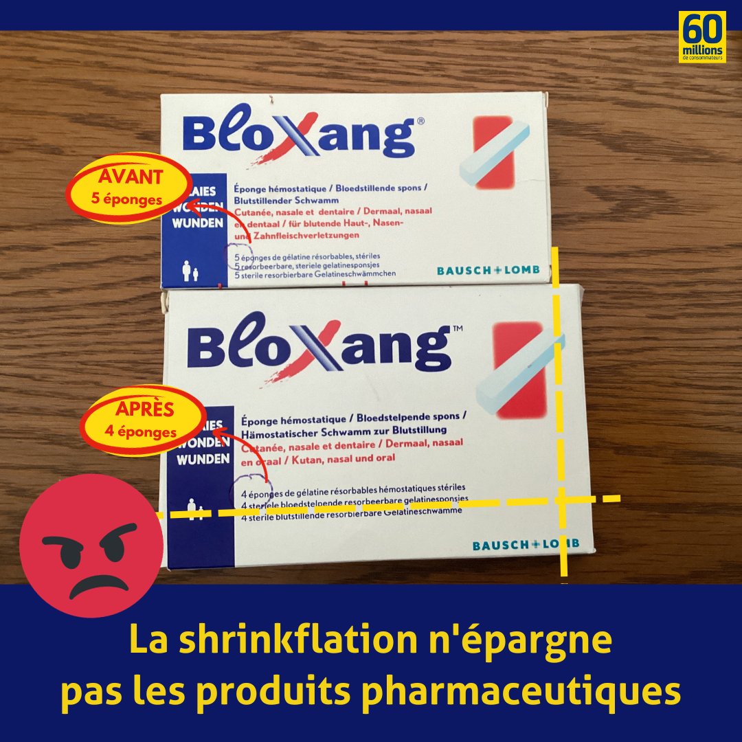 Quantité réduite mais prix plus élevé : la #shrinkflation touche aussi les produits pharmaceutiques ! Illustration avec ces éponges hémostatiques #Bloxang du laboratoire Bausch & Lomb.
D'autres exemples ? Partagez-les !
> pulse.ly/n8e8qio3ms

@LauraHendrikx2