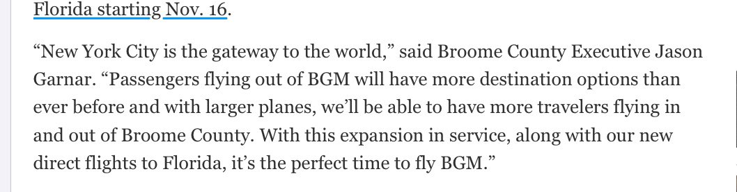 It didn’t even last a year. Jason Garnar loses BGM -LGA air service. He took great credit for it. Will he and his airport commissioners accept the fact that it failed.?#BroomeCounty