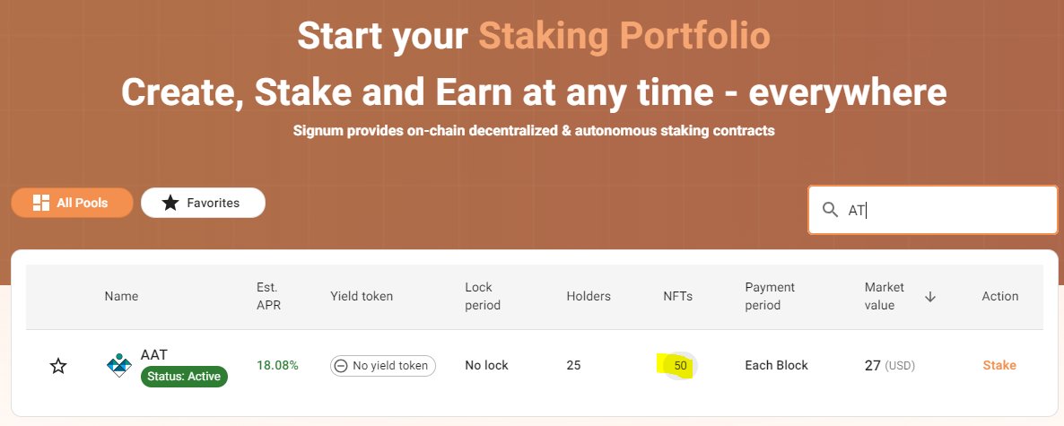 Adams_Arrival's tweet photo. All #royalties of the #Adam-NFT collection go to the new Staking Pool and are distributed automatically to those investing AAT in the pool. What a #pangalactic and easy-to-use feature of @signum_official and its #NFT-portal @signumart!!! https://t.co/bkz6tPsZSH