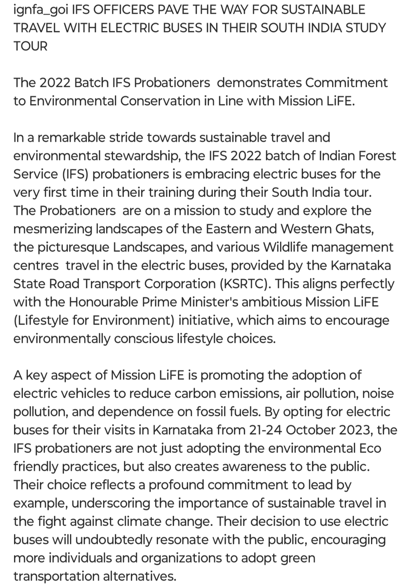 IGNFA_GoI's tweet photo. IFS Probationers of the 2022 batch lead the way in sustainable travel during their South India tour by embracing electric buses. This echoes Hon'ble PM's Mission LiFE initiative, promoting eco-friendly lifestyle choices and reducing emissions.
@PMOIndia
@moefcc
#MissionLiFE https://t.co/MqVmOGsKer