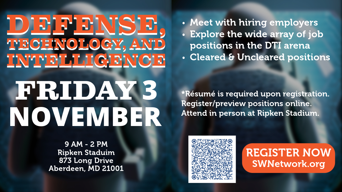 SWNJobs's tweet image. Gear up, Cecil &amp;amp; Harford pros! 💼 DTI Job Fair, 11/03, Ripken Stadium. Network w/ top Defense, Tech, &amp;amp; Intel leaders. Secure &amp;amp; non-secure jobs! Register &amp;amp; upload your resume NOW, even if you can't attend! SWNetwork.org/job-fair
#DTIJobFair2023 #NextLevelCareer #SWNJobs