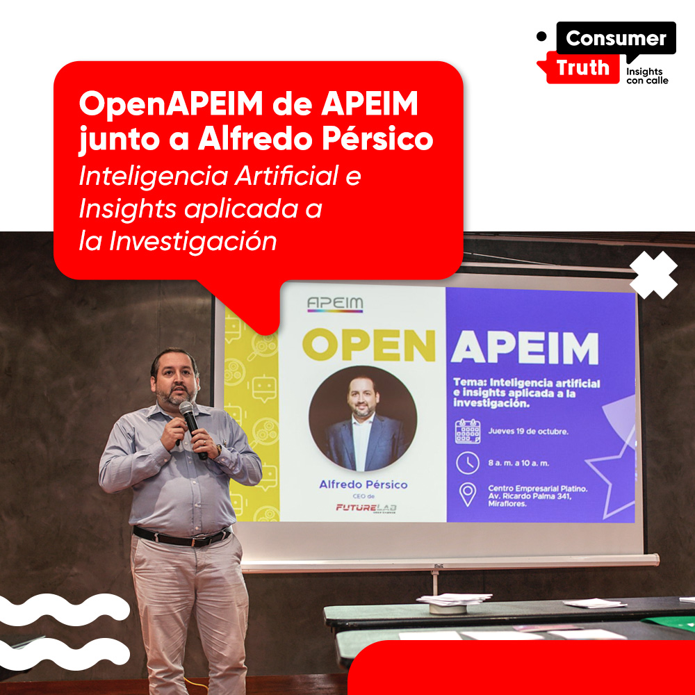 consumer_truth's tweet image. Fue un gran placer de escuchar a @alfredo_persico de #FutureLab en un nuevo #OpenAPEIM de la @APEIMPeru👏 Nos encantó su charla sobre #IA #InteligenciaArtificial e #Insights aplicada a la #Investigación 🚀 

Gracias a todos por asistir🤗

#Insights #APEIM #InvestigacionQueInspira