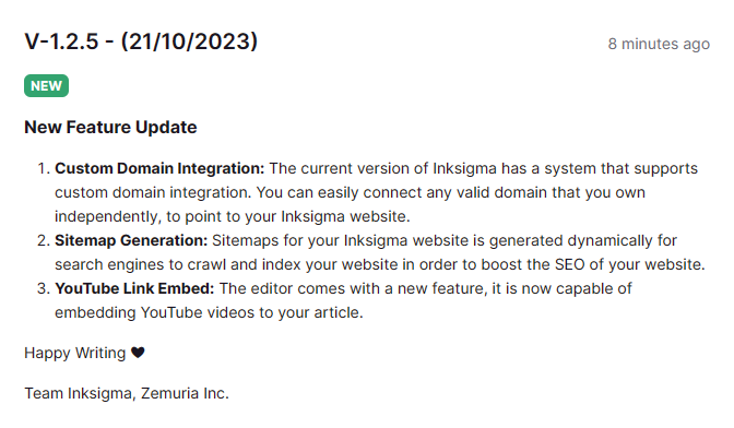 inksigmahq's tweet photo. Dear writers,

We've pushed yet another update. This time, the custom domain integration is the most asked feature we've brought for you.

Connect the domain at your disposal, and BOOM. plus some advance SEO updates for your blog site and youtube link embedding. 💝 https://t.co/AcmVEvXFbf