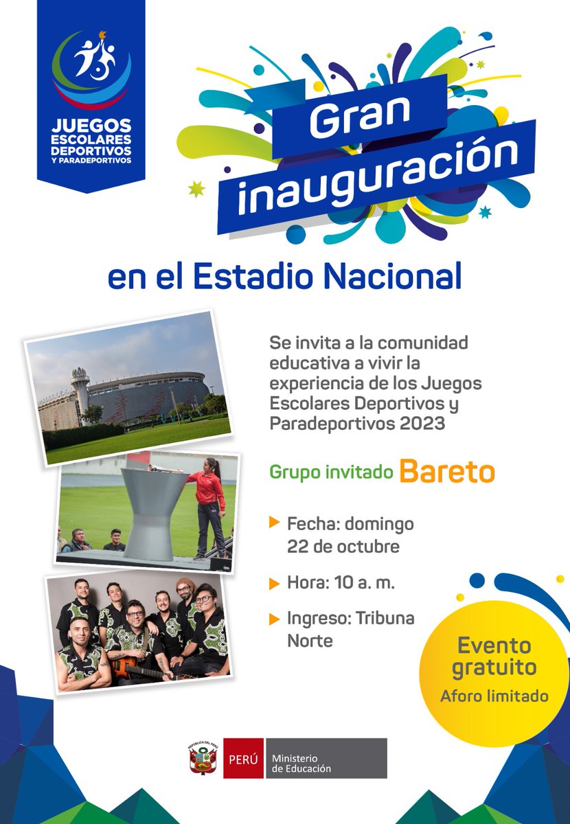 senaju's tweet photo. Docentes, estudiantes y comunidad educativa, los invitamos a vivir la experiencia de los Juegos Escolares Deportivos y Paradeportivos 2023 este domingo 22 de octubre a las 10 a. m. ¡No te pierdas esta emocionante inauguración! 🌟
#FiestaDeportiva #Bareto #DeporteEscolar #JEDPA https://t.co/VPJuJ4LuXD