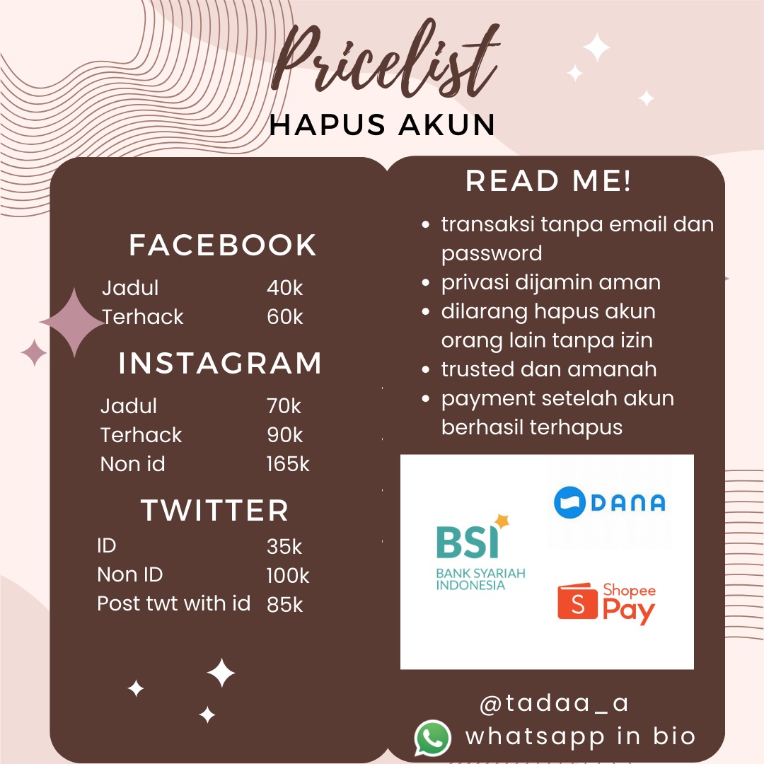 distadaaa's tweet photo. 🌻 PRICELIST JASA HAPUS DAN PEMULIHAN AKUN

💠 Fastrespon
💠 Proses cepat dan amanah
💠 Payment diakhir setelah proses berhasil
💠 Proses gagal = refund 100%

📍Buat kalian yang punya aib atau terhack atau problem lainnya bisa banget nih pakai jasa dariku🤩 https://t.co/KjndFNxRkk