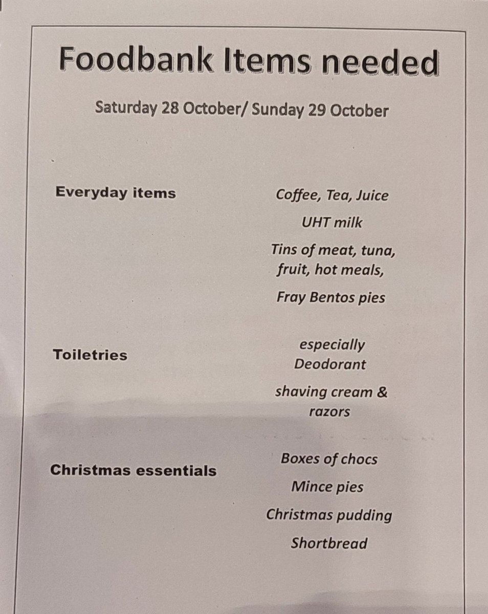 𝙁𝙊𝙊𝘿𝘽𝘼𝙉𝙆 

28th &amp; 29th October

If you need John to collect your items his number is on the leaflet available at the back of the church.