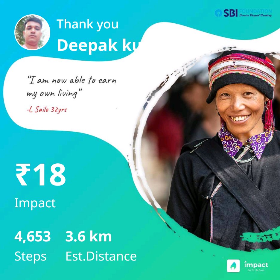 By walking with the Impact App, I recently raised ₹18 rupees for the cause Self Reliant Mizoram. Many thanks to Goodwill Foundation for supporting my workout. Join the movement. Download the app onelink.to/impact