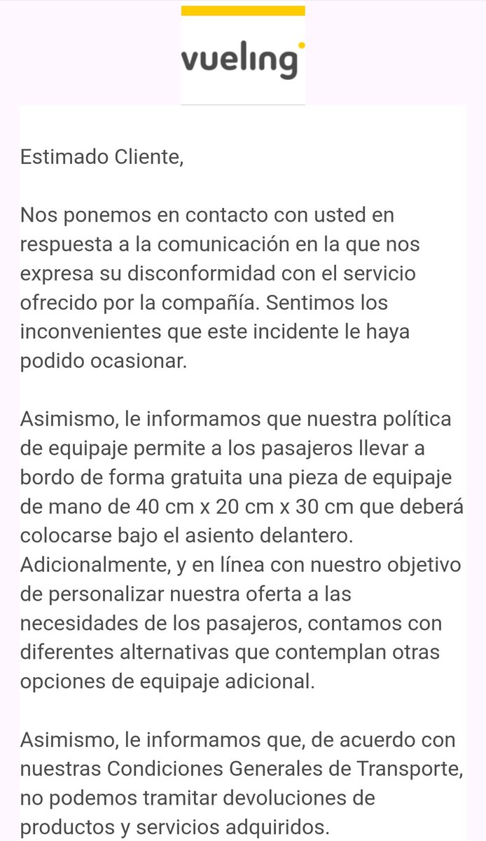 jrodriguezbcn's tweet photo. @vueling Si ya que me cobraran por el equipaje me parecio vergonzoso, que me contesten a la reclamación con una negativa en un mail genérico me parece surrealista. #EnSerio https://t.co/JeqSpq1WNq