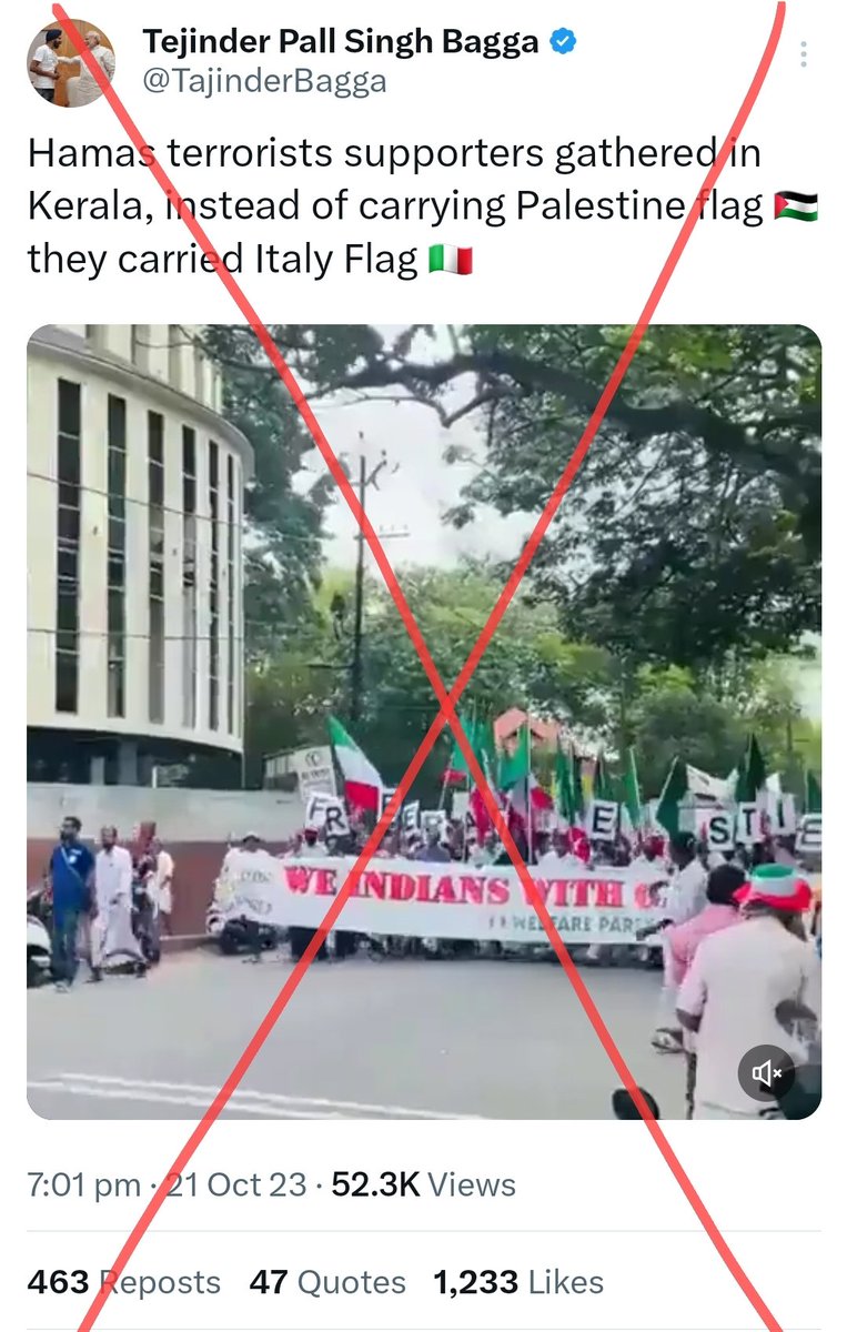 zoo_bear's tweet photo. Fake News by BJP Member @TajinderBagga. That's not Italian Flag. It's a Local party flag. Name og the party : Welfare party India. Also, They the rally was in support of Palestine. NOT Hamas. 
MEA in a recent statement said : "India has always believed in an independent state of Palestine", Does that mean they support Hamas?