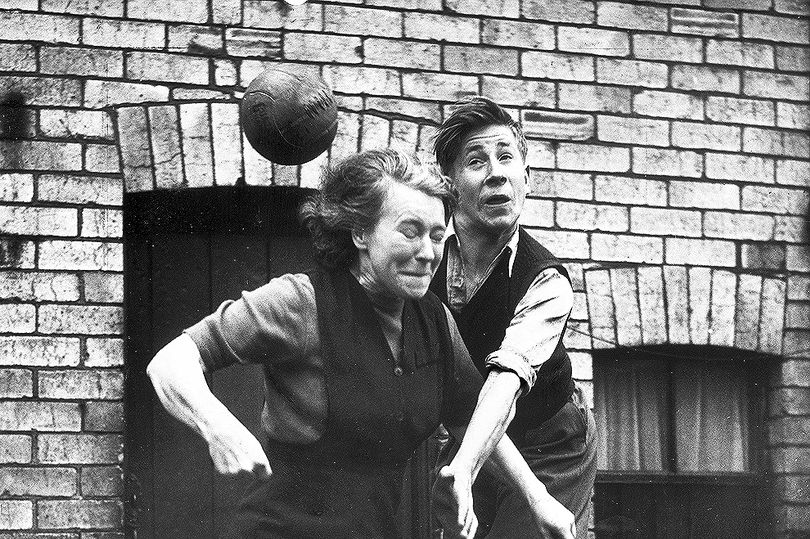 RIP Bobby Charlton. This picture (teenage Bobby challenging his mum, Cissy, in the air in their backyard in Ashington) may be my favourite football image of all time. #RIPBobby