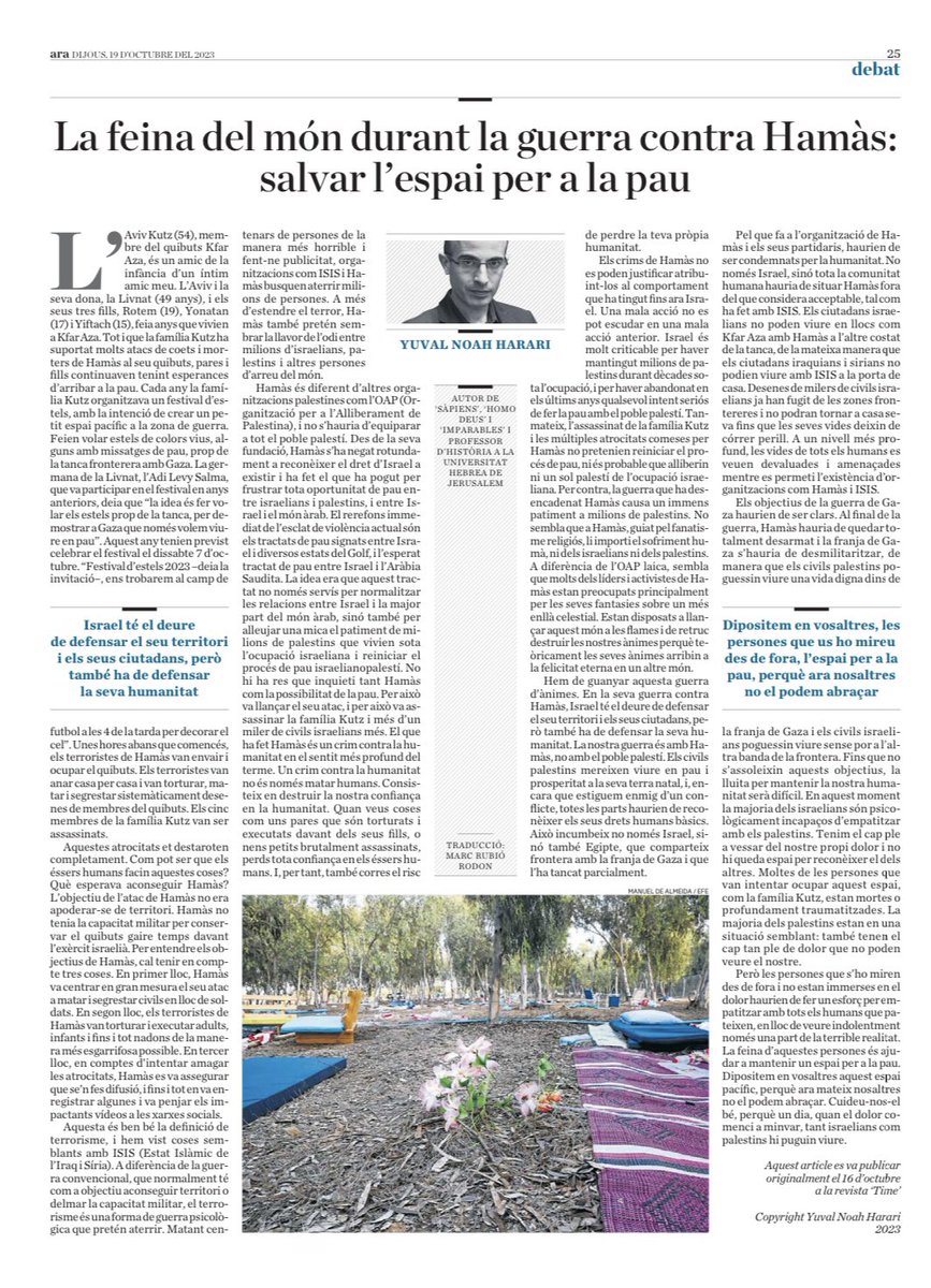 JosepMVilalta's tweet photo. 'Salvar l'espai per a la pau' Molt recomanable l'article de fa uns dies de @harari_yuval al @diariARA publicat a Time @Ignasiara @estherveraARA @polmorillas @CidobBarcelona @IBEI @JacintJordana @QuimBrugue @raymerichp @angcastineira @daniInnerarity https://t.co/mLAPBo6Zzm