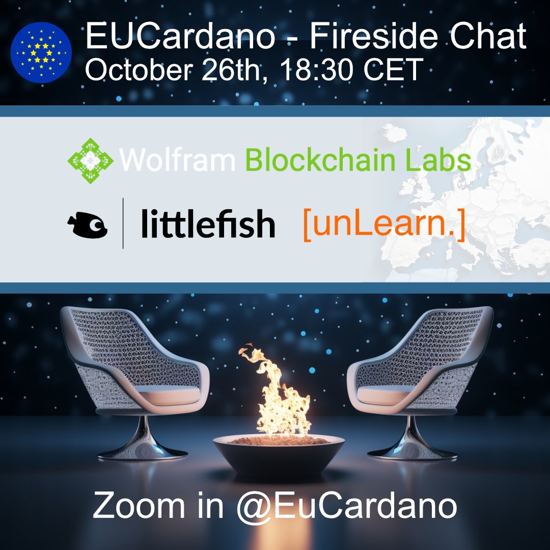 EuCardano's tweet photo. 1/n #SaveTheDate & #RT!
The next EU Fireside Chat is on Oct 26th, 18:30 CET
Learn more about #DLTintel #cryptoLegal and #newPatterns! β€οΈ
Meet the leading voices of
@WolframResearch
@littlefishDAO
and unlearn's @kavdelos
π± #Cardano! #CardanoCommunity we are on π₯ https://t.co/XuA9LOqcEj