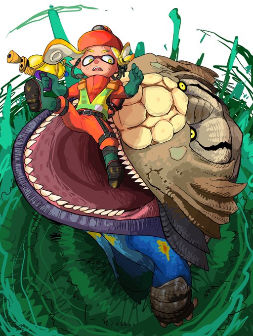 昔描いたスプラ×モンハンのイラスト再掲 #スプラトゥーン3 #モンハン #サーモンラン #ハプルボッカ