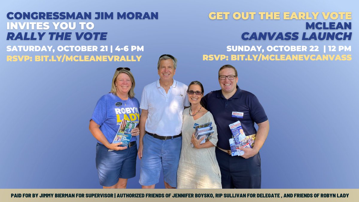 🔥 We are fired up to get out the vote! 🔥 Will you join us this weekend? 
📢 Saturday at 4 PM: Rally the Vote w/ Congressman Moran - bit.ly/McLeanEVCanvass
🚪 Sunday at 12 PM: Knocking on Doors w/ local Dems - Bit.ly/McLeanEVRally