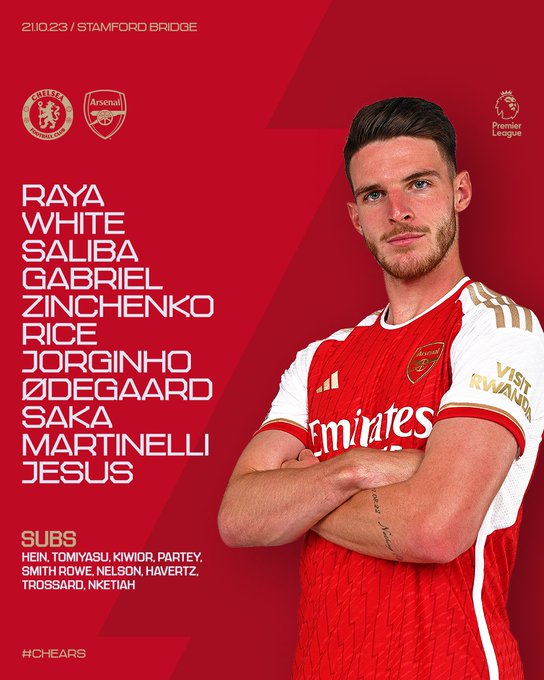 Starting XI: Raya, White, Saliba, Gabriel, Zinchenko, Rice, Jorginho, Odegaard, Saka, Martinelli, Jesus

Substitutes: Hein, Tomiyasu, Kiwior, Partey, Smith Rowe, Nelson, Havertz, Trossard, Nketiah